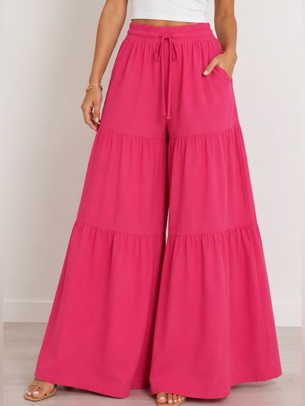 JODIFL Hot Pink Tiered Wide Leg Pants With Pockets Drawstring Waist Cotton Blend